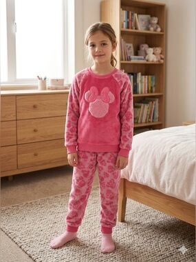 Disney Minnie Mouse Girls Pink Fleece Pajama Set Size 9/10 Cozy Lounge Sleepwear